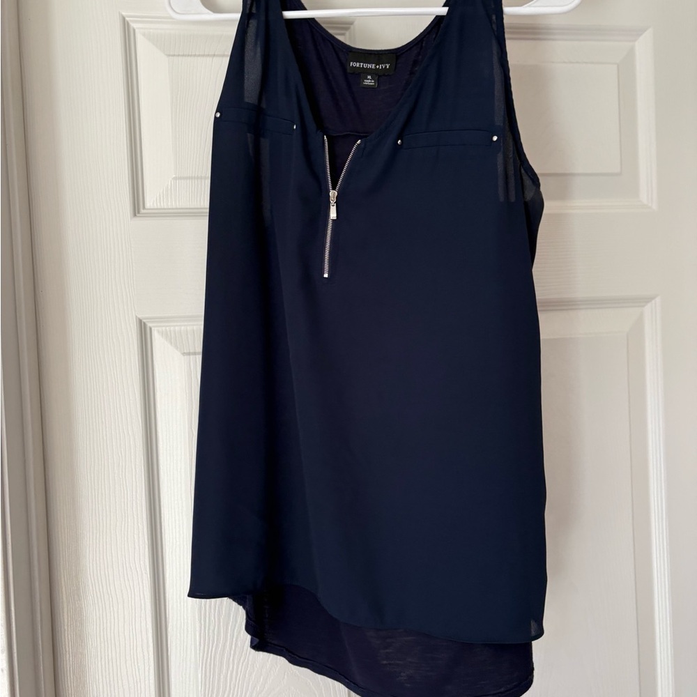 Elegant Navy Sleeveless Blouse with Zipper